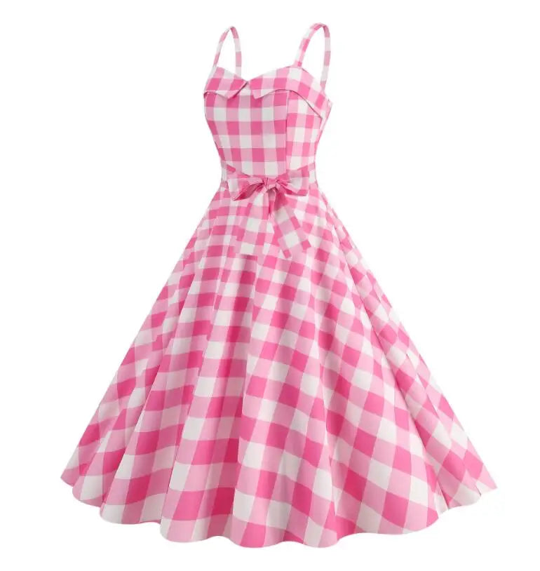 Women's Summer Dress Sexy Retro Pink Plaid Suspender Gown Christmas Party Clothes Robe Femme High-Waisted Dress