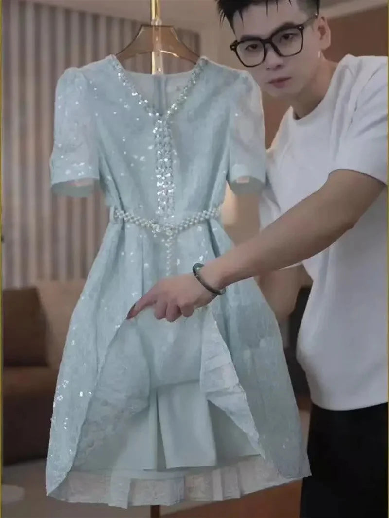 Dress For Women In Summer 2025 Light Luxury Temperament Heavy Industry Sequins Elegant and Niche Waist Hugging Dress Short Skirt