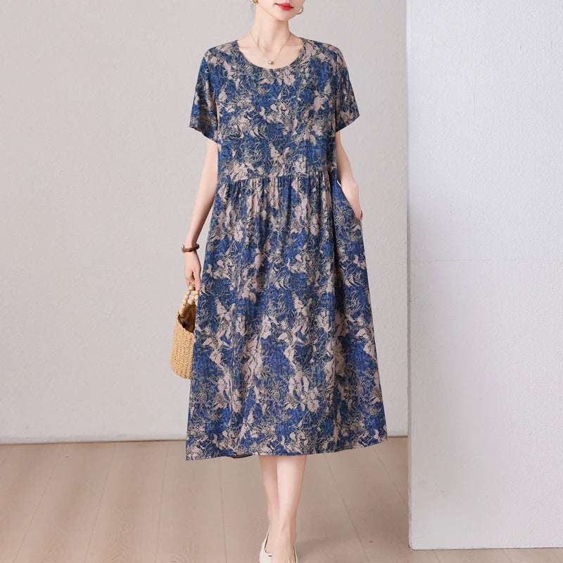 summer dress elegant clothing 2025 short sleeve  vintage floral new  dresses for women casual loose long