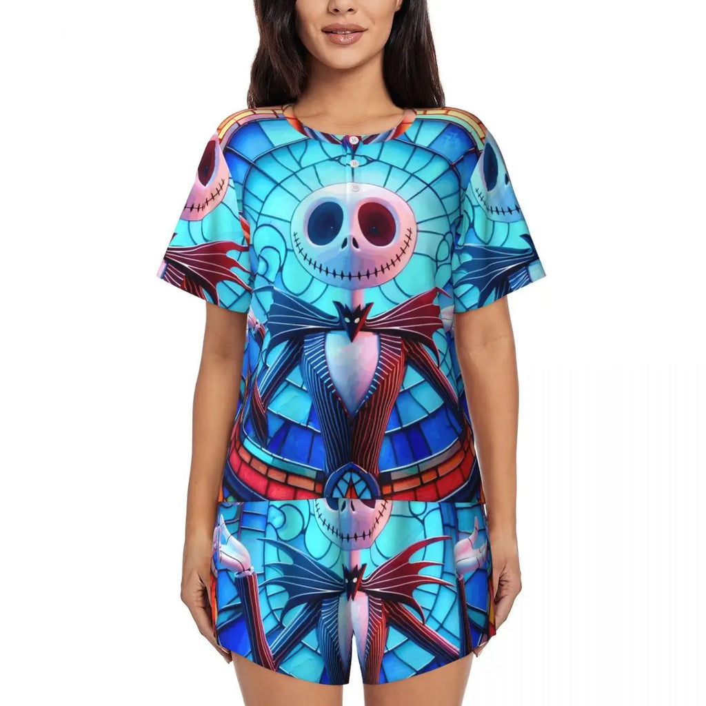 Women's Nightmare Before Christmas Jack Skellington Pajamas Set Printed 2 Piece Pjs Sets Short Sleeve Sleepwear Loungewear