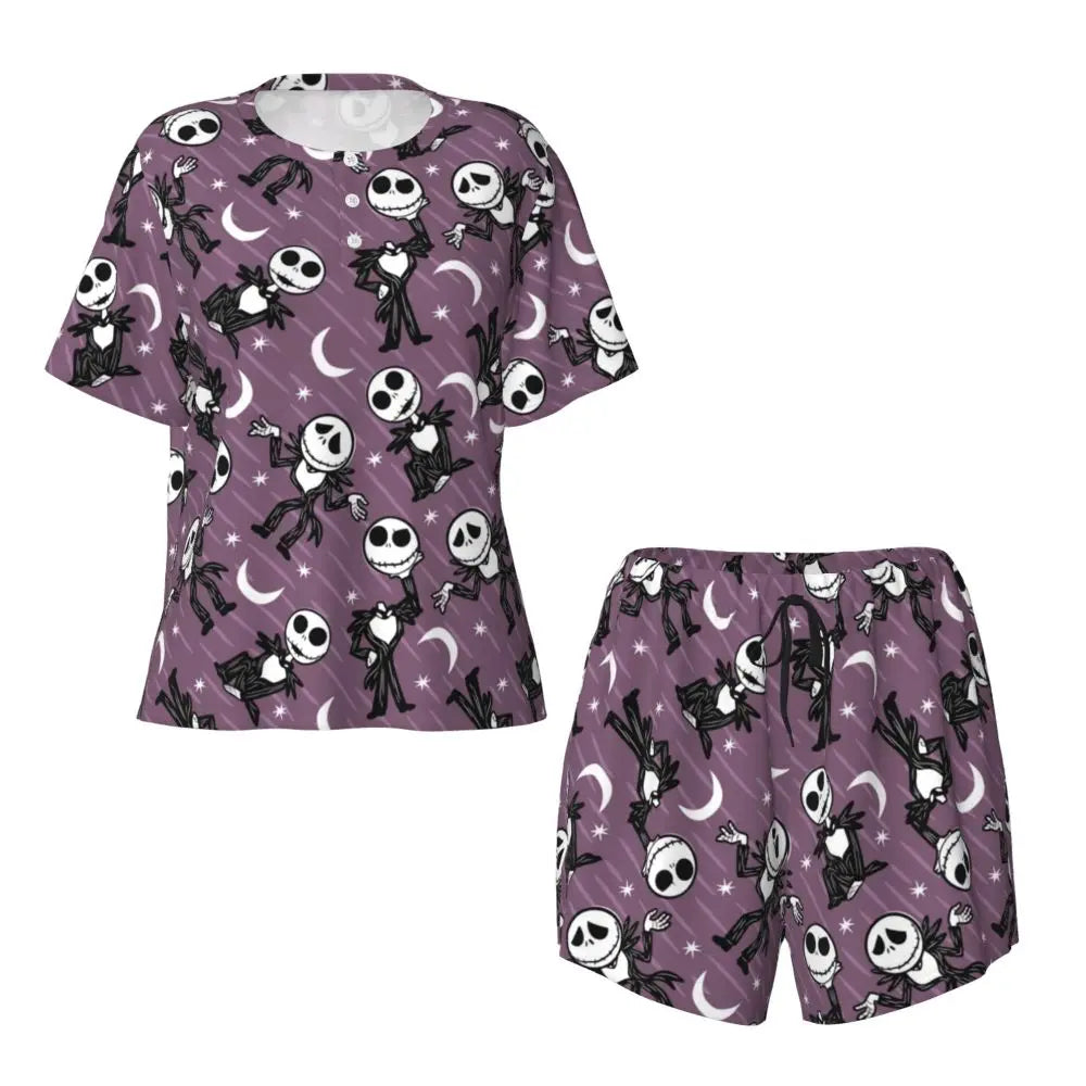 Women's Nightmare Before Christmas Jack Skellington Pajamas Set Printed 2 Piece Pjs Sets Short Sleeve Sleepwear Loungewear
