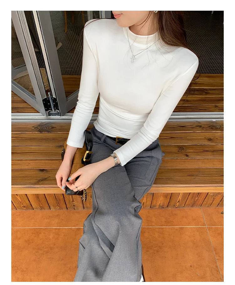 Autumn Winter Knitted Women's T-shirts 2025 New Long Sleeve Solid Half Turtleneck Korean Bottom Slim Short Tops Tee Female