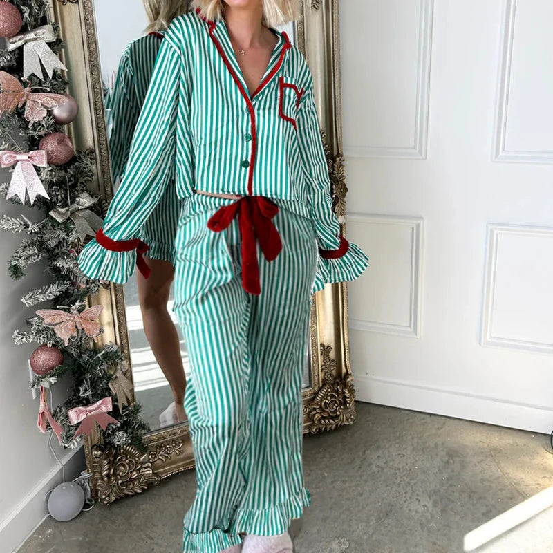 Christmas Pajamas Striped Button Up Crop Blouse Bowknot Long Sleeve Shirt Tops + Wide Leg Pants Women Holiday Lounge Sleepwear