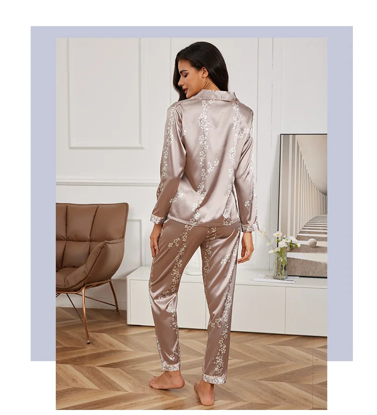 Pajamas For Women Home Clothes Autumn Satin Flower Print Sleepwear Long Sleeve Tops Pajama Pants Nightwear 2 Piece Pyjama Femme
