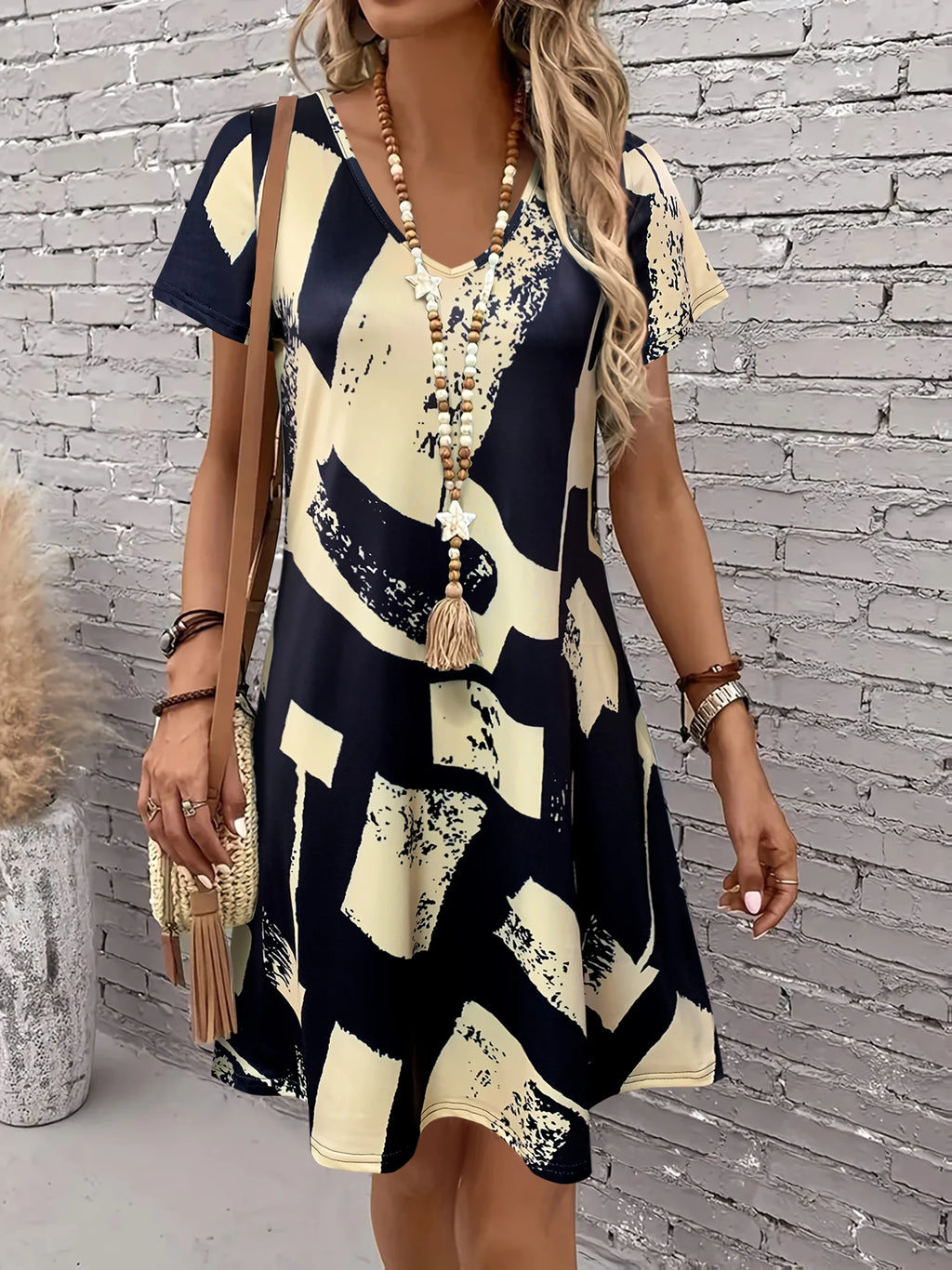 Women's Summer Abstract Print Dress, V - Neck Short Sleeve, Ideal Vacation Outfits Women, Flowy Dress Summer, Must - Have Summer