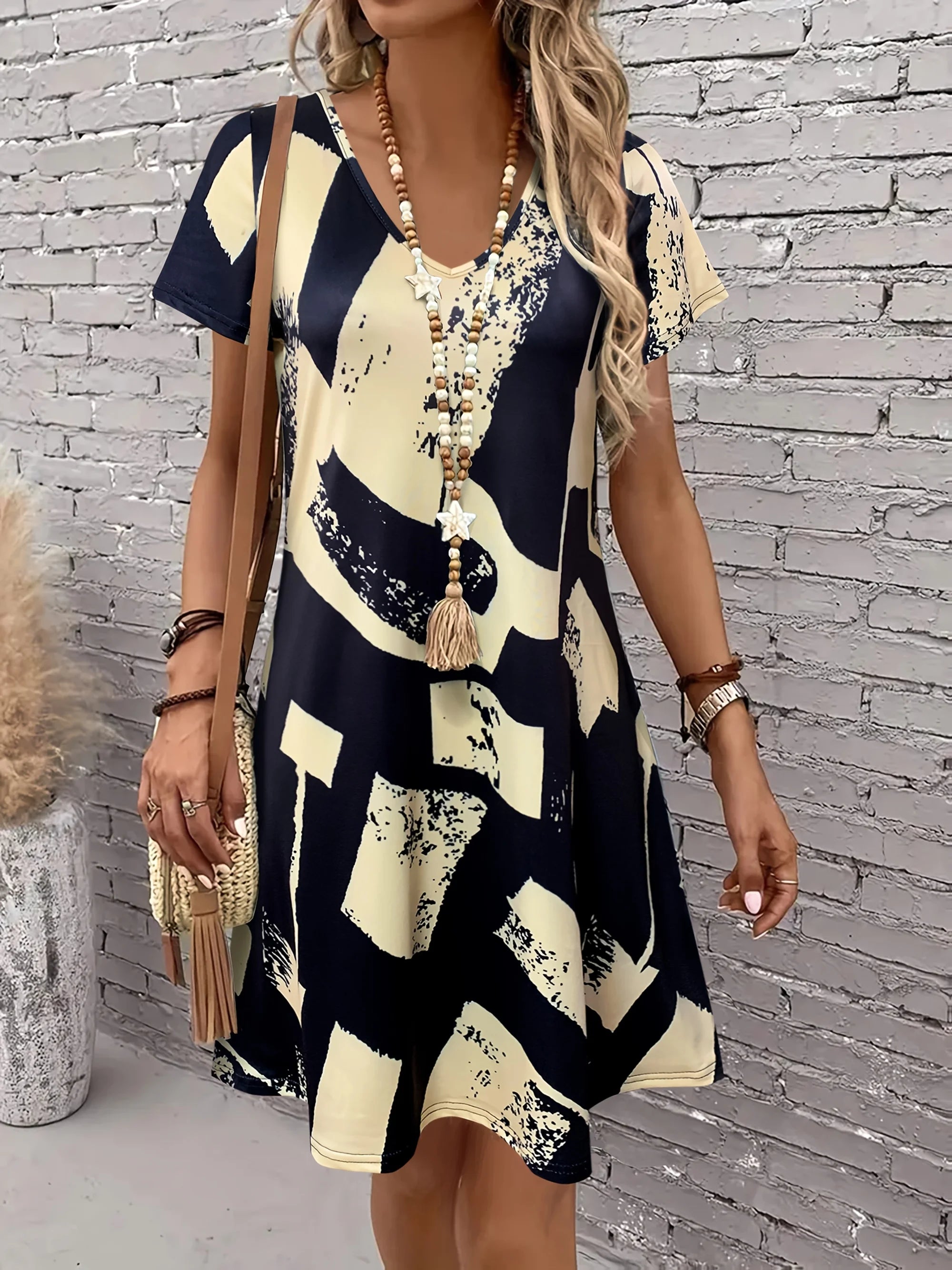Women's Summer Abstract Print Dress, V - Neck Short Sleeve, Ideal Vacation Outfits Women, Flowy Dress Summer, Must - Have Summer