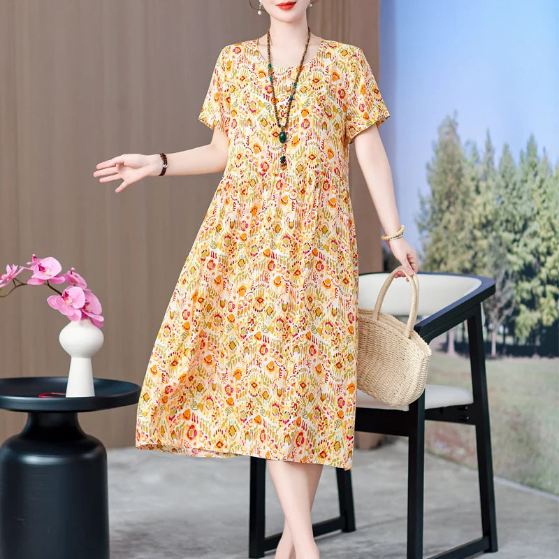 summer dress elegant clothing 2025 short sleeve  vintage floral new  dresses for women casual loose long