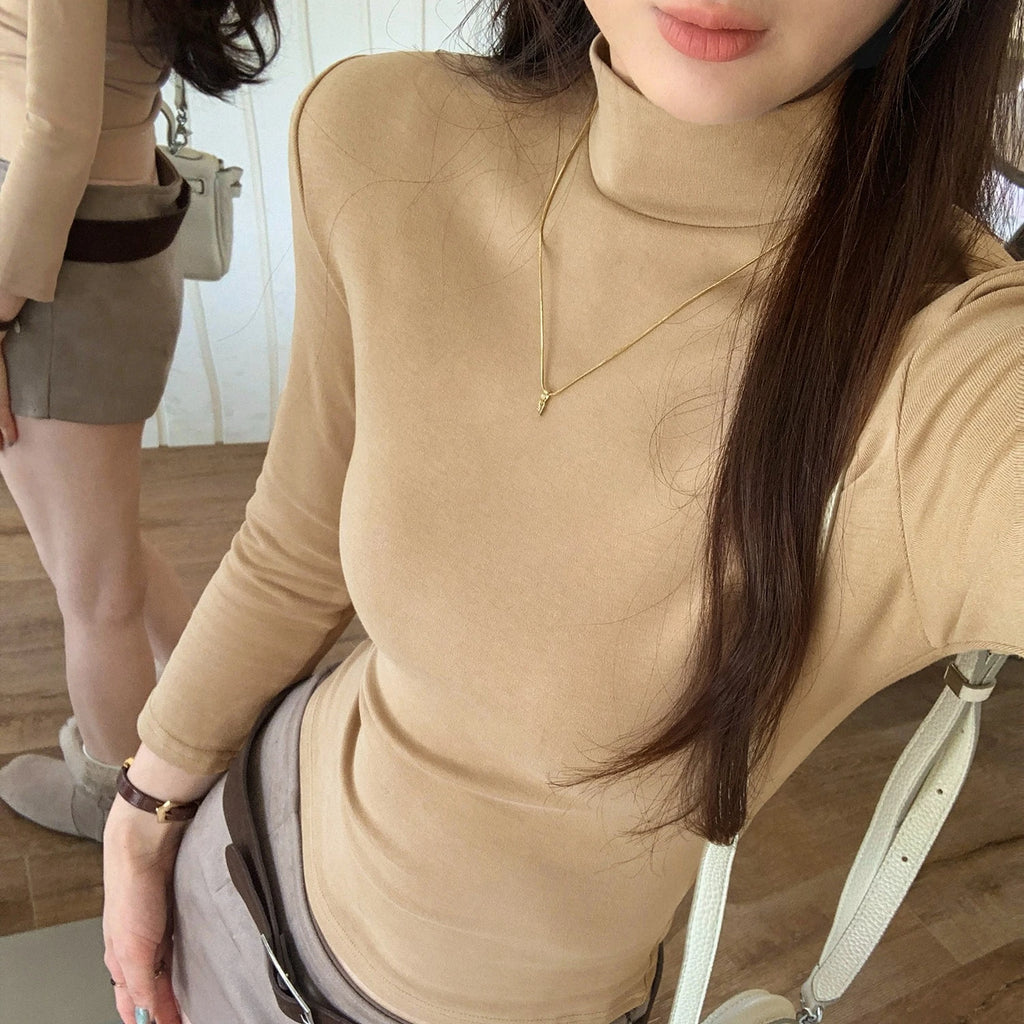 Autumn Winter Knitted Women's T-shirts 2025 New Long Sleeve Solid Half Turtleneck Korean Bottom Slim Short Tops Tee Female