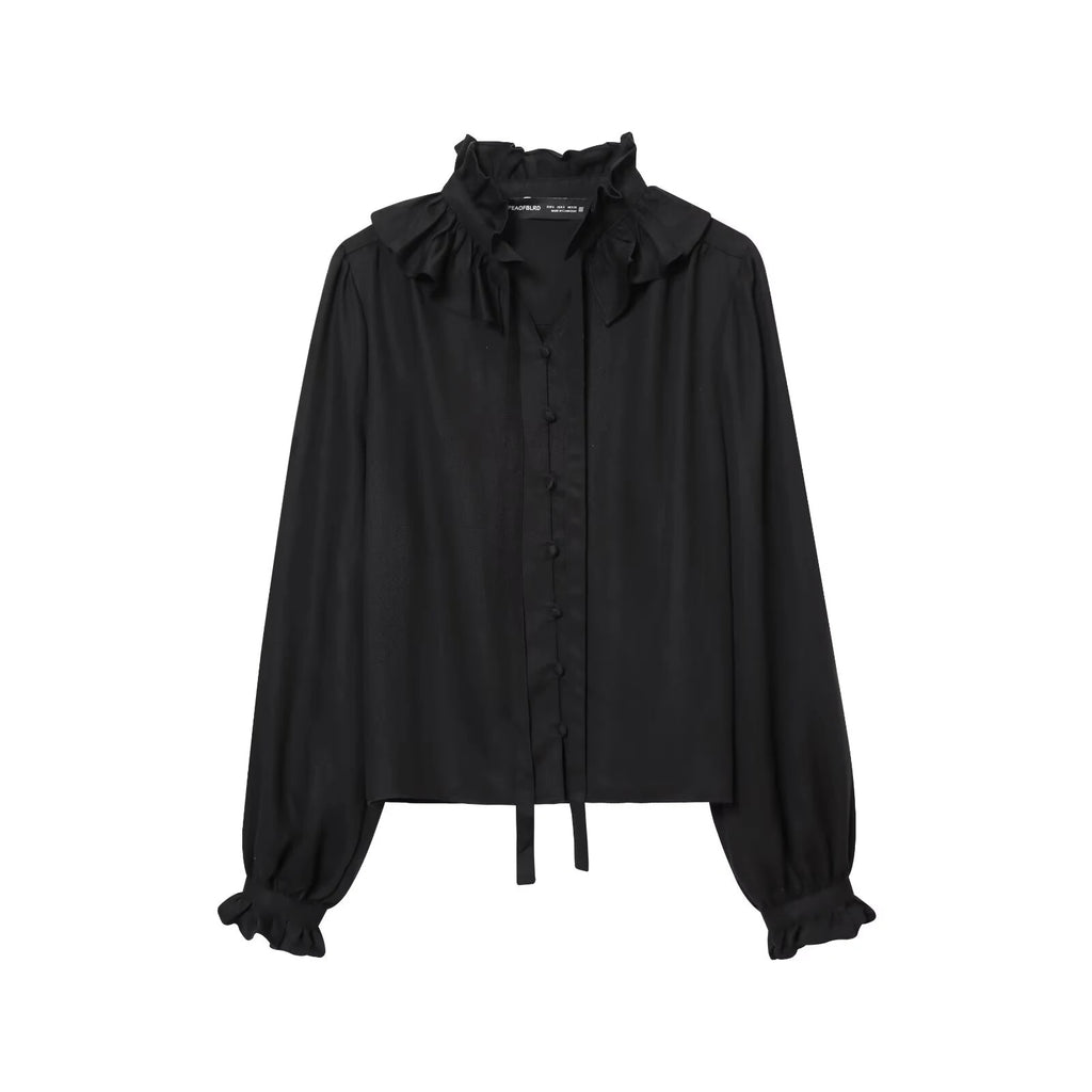 Winter new women's casual versatile temperament simple and fashionable long sleeved single breasted pleated collar top