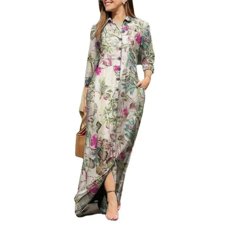 Fashion Summer Dresses 2024 New Women's Printed Elegant Robe Flip Collar Single Breasted Elegant Commuter Long Dress