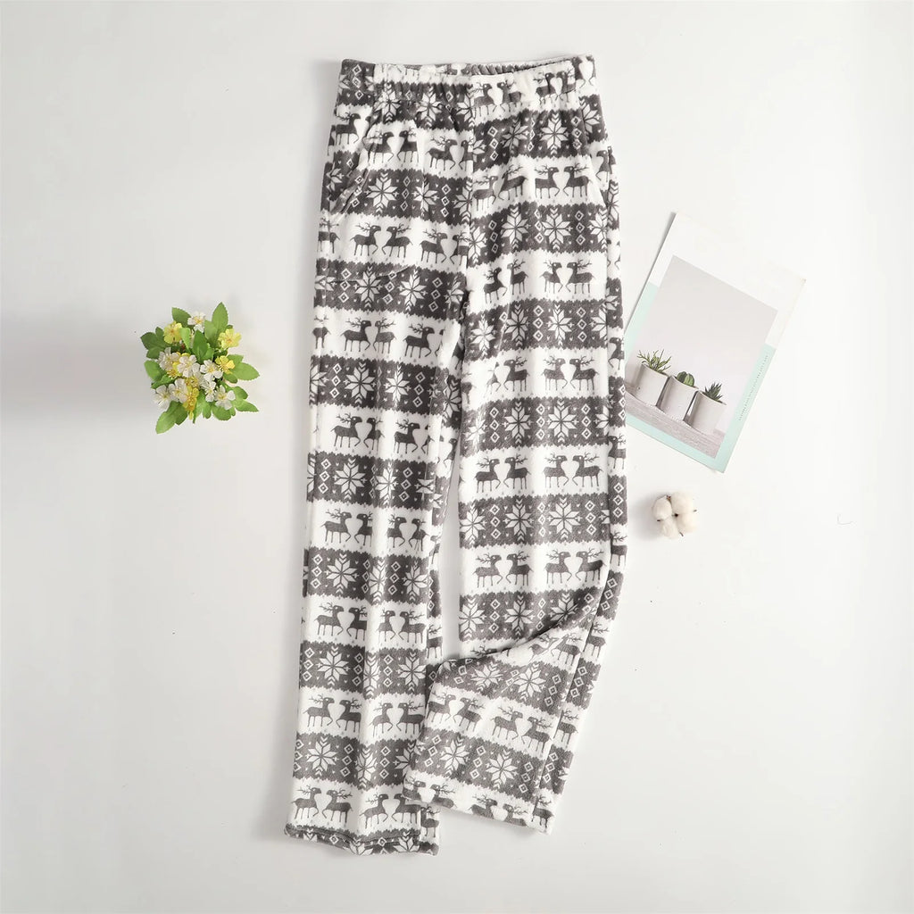 Women Christmas Printed Pajama Pants Winter Warm Soft Plush Sleep Pants Comfy Elastic Waist Home Clothes Bottoms with 2 Pockets