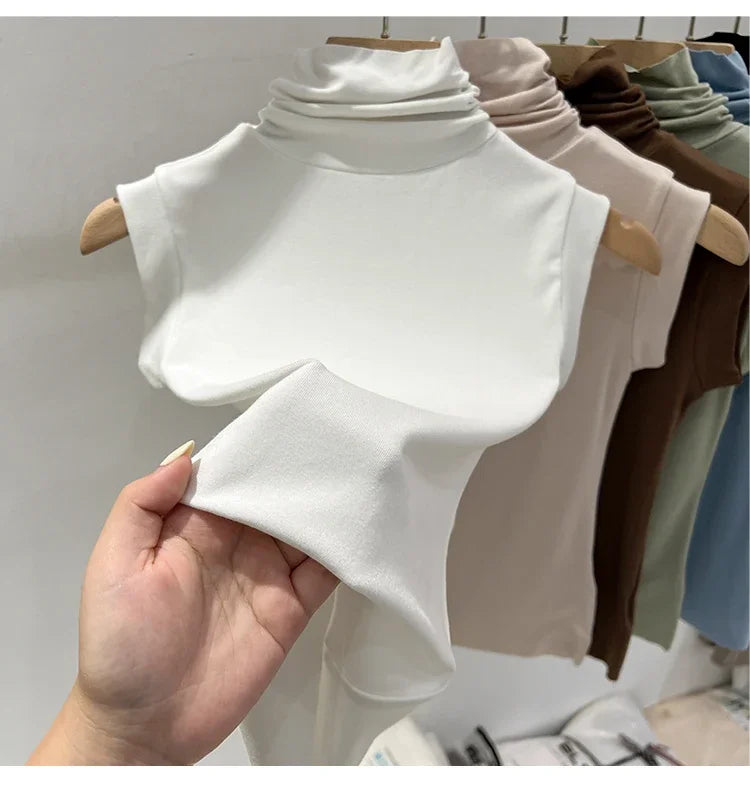 Women Summer Sexy Turtleneck Sleeveless T-Shirts Tops Solid Slim Fit Pullovers Causal Tees Shirts Female Streetwear Basics Tees