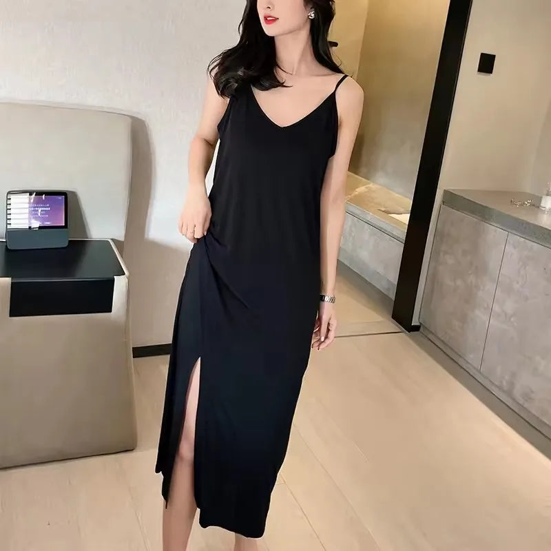 Women Summer Dresses Casual V Neck Full Under Slip Dress Spaghetti Strap Seamless Loose Split Bottming Thin All-Match Dress