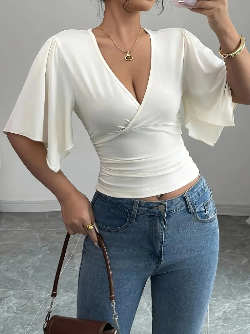 Shirts for Women Summer Solid Colour Casual Fashion Flared Sleeve Slim Deep V Neck Sexy T-Shirt Top Women Clothes Y2k Tops