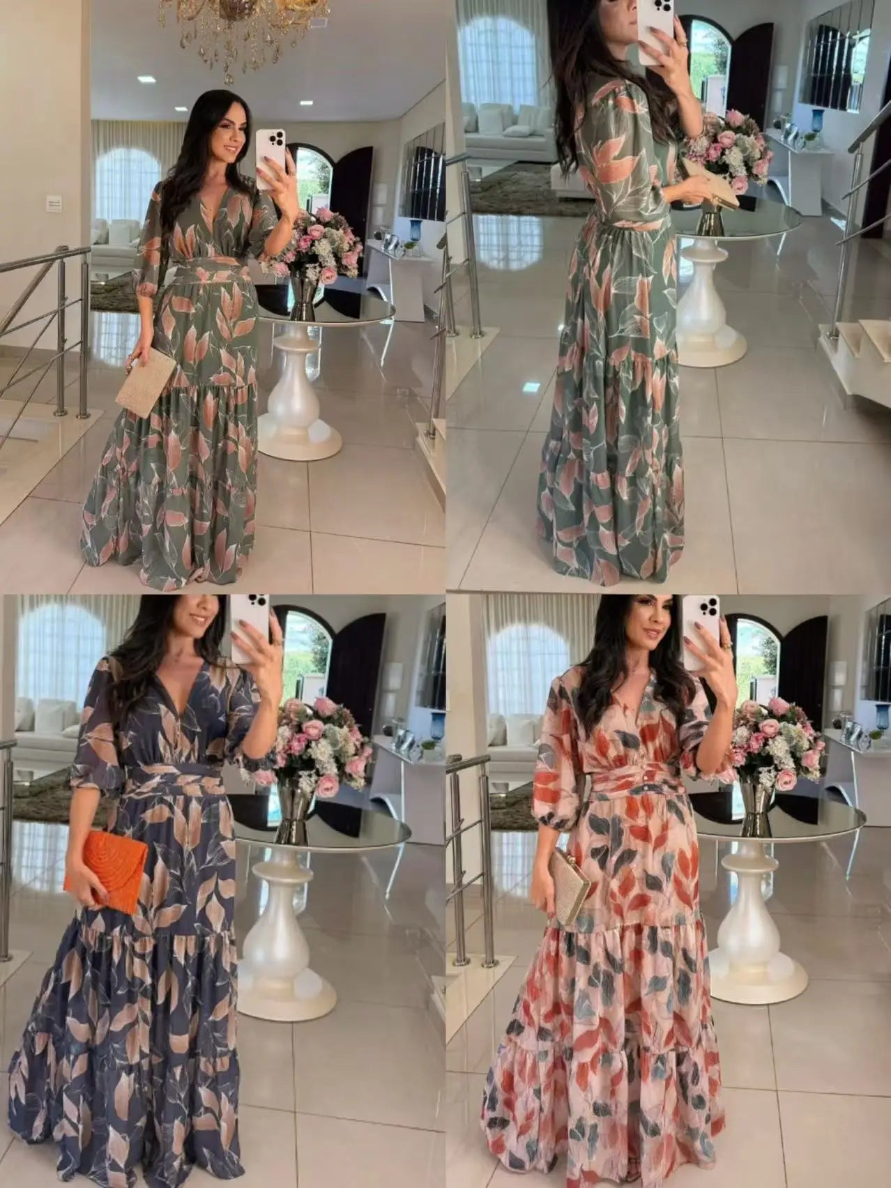 Summer Women Dresses Floral Print Ruffles Boho V-neck Short Sleeve Casual Loose Beach Dress Elegant Holiday Maxi Long Dress Robe