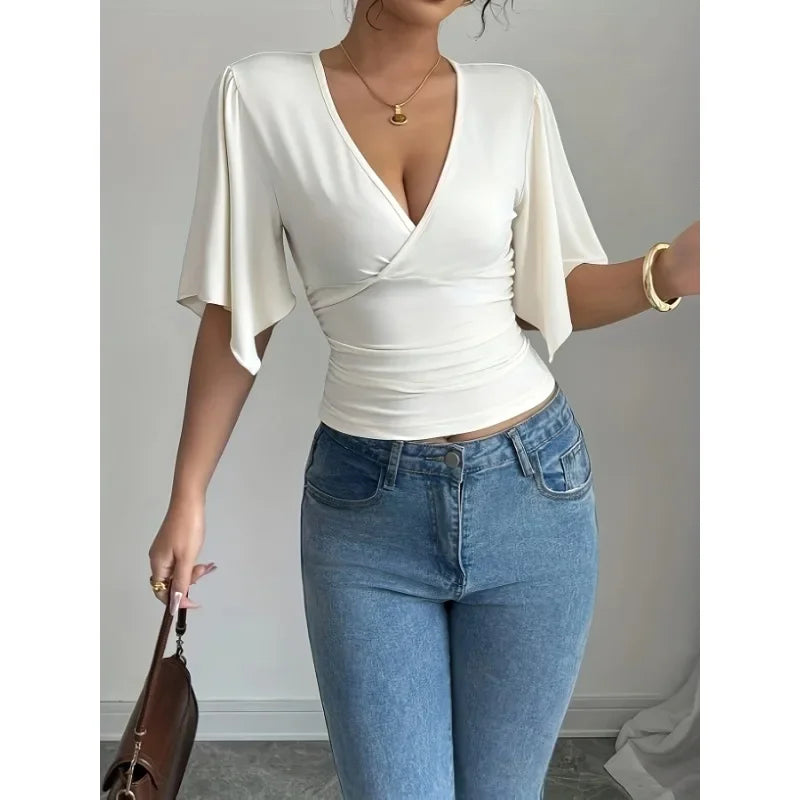 Shirts for Women Summer Solid Colour Casual Fashion Flared Sleeve Slim Deep V Neck Sexy T-Shirt Top Women Clothes Y2k Tops