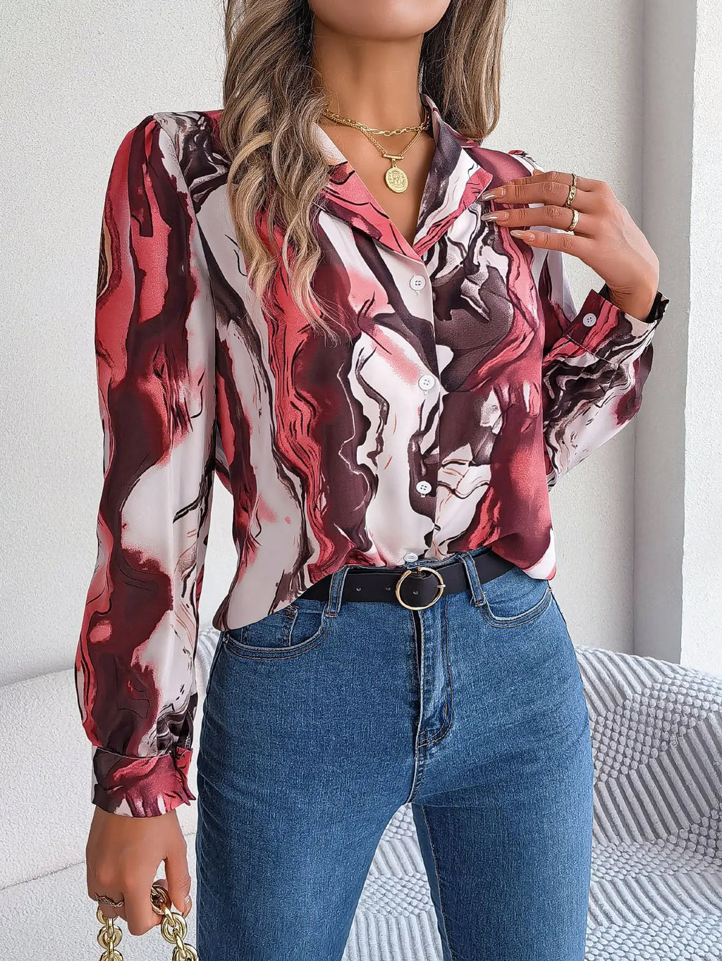 Autumn Winter Contrasting Color Shirts Women 2025 Casual Notched Long Sleeve Single Breasted Blouse Elegant Office Lady Clothes