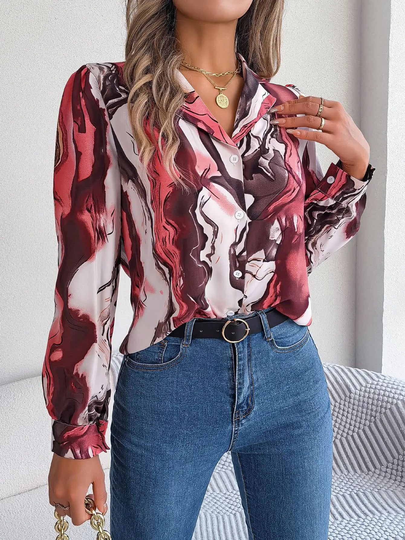 Autumn Winter Contrasting Color Shirts Women 2025 Casual Notched Long Sleeve Single Breasted Blouse Elegant Office Lady Clothes