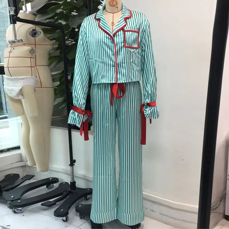 Christmas Pajamas Striped Button Up Crop Blouse Bowknot Long Sleeve Shirt Tops + Wide Leg Pants Women Holiday Lounge Sleepwear