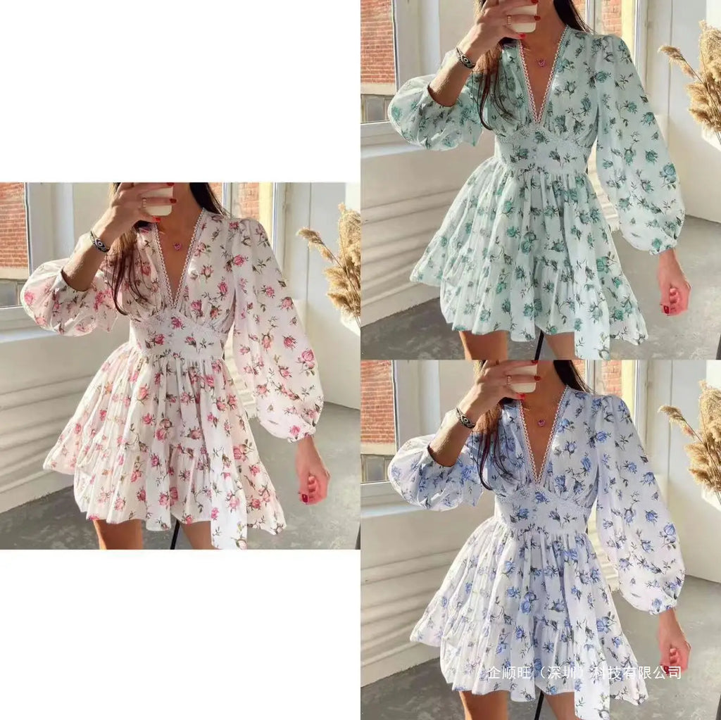 Print Women's Dress Summer Fashion Floral Lace Deep V-neck Dress For Women Casual Beach Vacation  Sundress Slim A-line Dresses