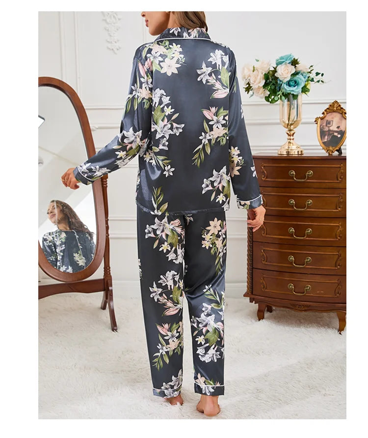 Pajamas For Women Home Clothes Autumn Satin Flower Print Sleepwear Long Sleeve Tops Pajama Pants Nightwear 2 Piece Pyjama Femme