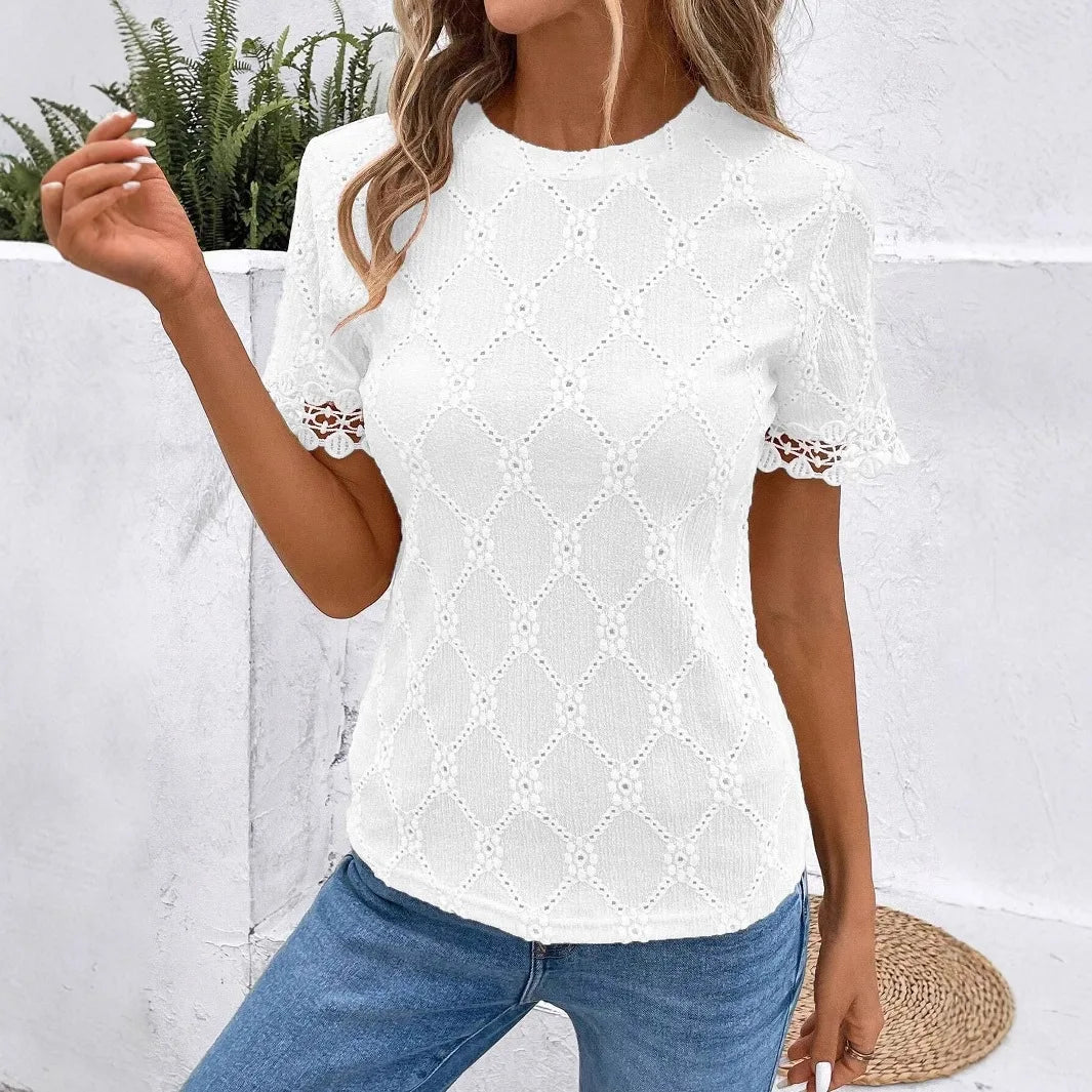 Women Summer T Shirts Short Sleeve Round Neck Jacquard Elegant Tops Hollow Out Large Size Loose High Quality Short Sleeve Tops
