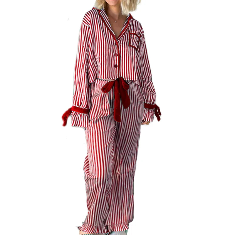 Christmas Pajamas Striped Button Up Crop Blouse Bowknot Long Sleeve Shirt Tops + Wide Leg Pants Women Holiday Lounge Sleepwear