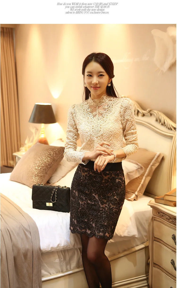 Women T Shirts Vintage Spring Winter Tees Autumn Lace Beads Hole Sexy Tops Warm Blouse Top Casual Full Long Sleeve Shirt