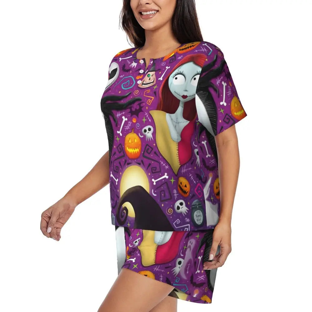 Women's Nightmare Before Christmas Jack Skellington Pajamas Set Printed 2 Piece Pjs Sets Short Sleeve Sleepwear Loungewear
