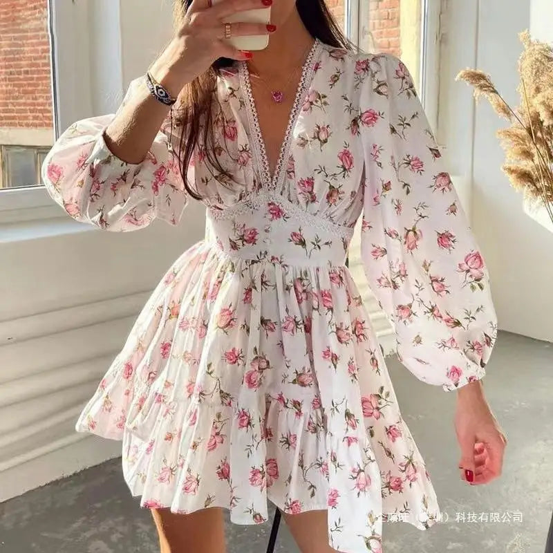 Print Women's Dress Summer Fashion Floral Lace Deep V-neck Dress For Women Casual Beach Vacation  Sundress Slim A-line Dresses