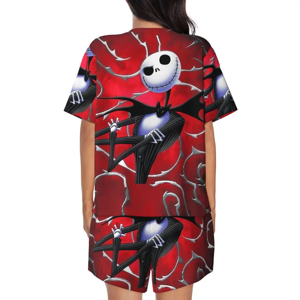 Women's Nightmare Before Christmas Jack Skellington Pajamas Set Printed 2 Piece Pjs Sets Short Sleeve Sleepwear Loungewear