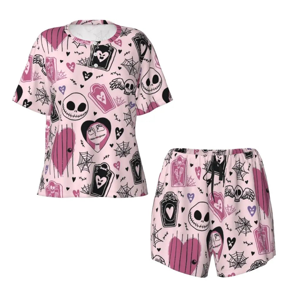 Women's Nightmare Before Christmas Jack Skellington Pajamas Set Printed 2 Piece Pjs Sets Short Sleeve Sleepwear Loungewear