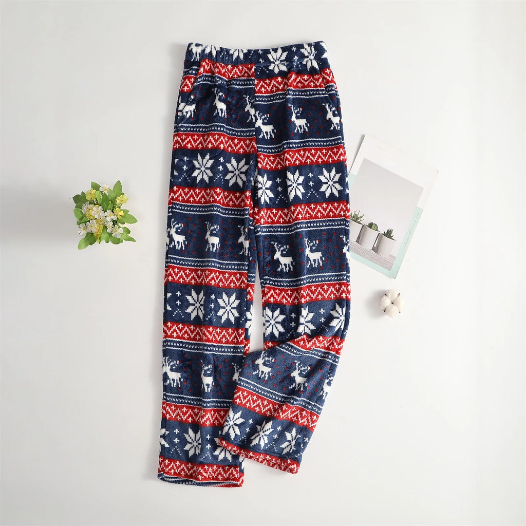 Women Christmas Printed Pajama Pants Winter Warm Soft Plush Sleep Pants Comfy Elastic Waist Home Clothes Bottoms with 2 Pockets