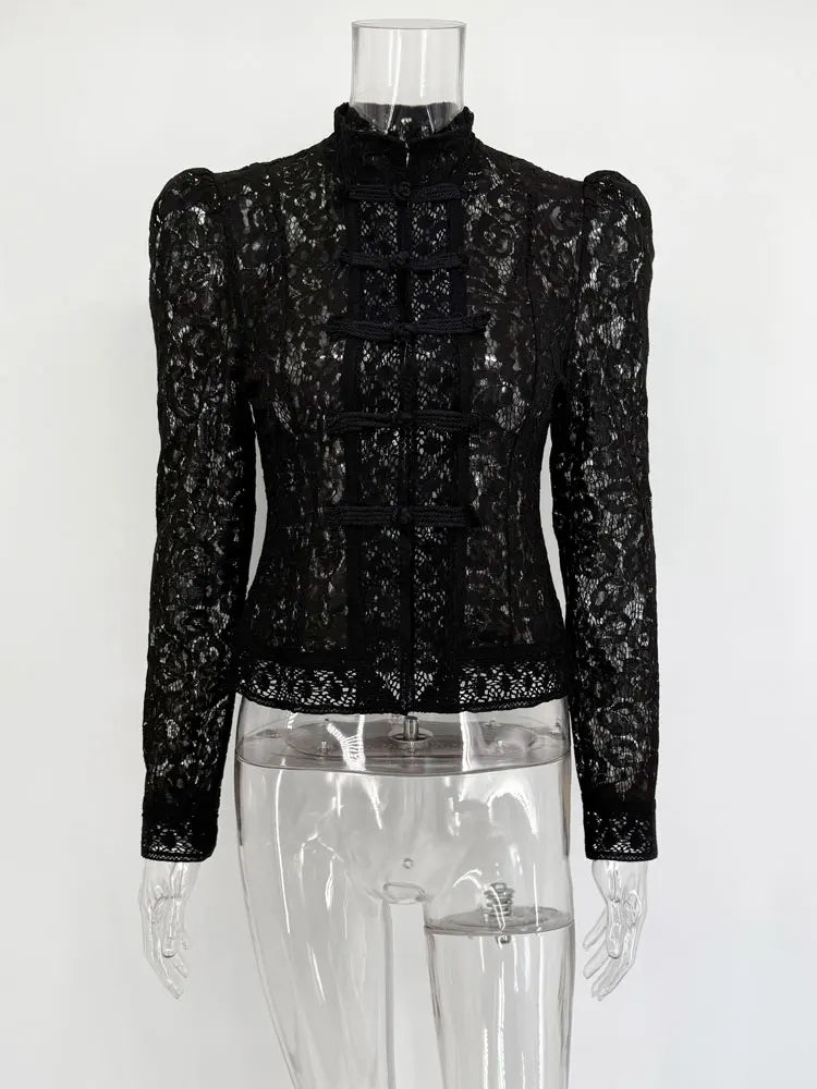 Tossy Summer Lace Printed Shirts Tops Female Hollow Out Fashion Commute Vintage See-Through Blouse Women's Lace Shrug Shirts New