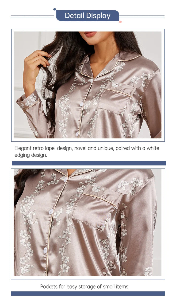 Pajamas For Women Home Clothes Autumn Satin Flower Print Sleepwear Long Sleeve Tops Pajama Pants Nightwear 2 Piece Pyjama Femme