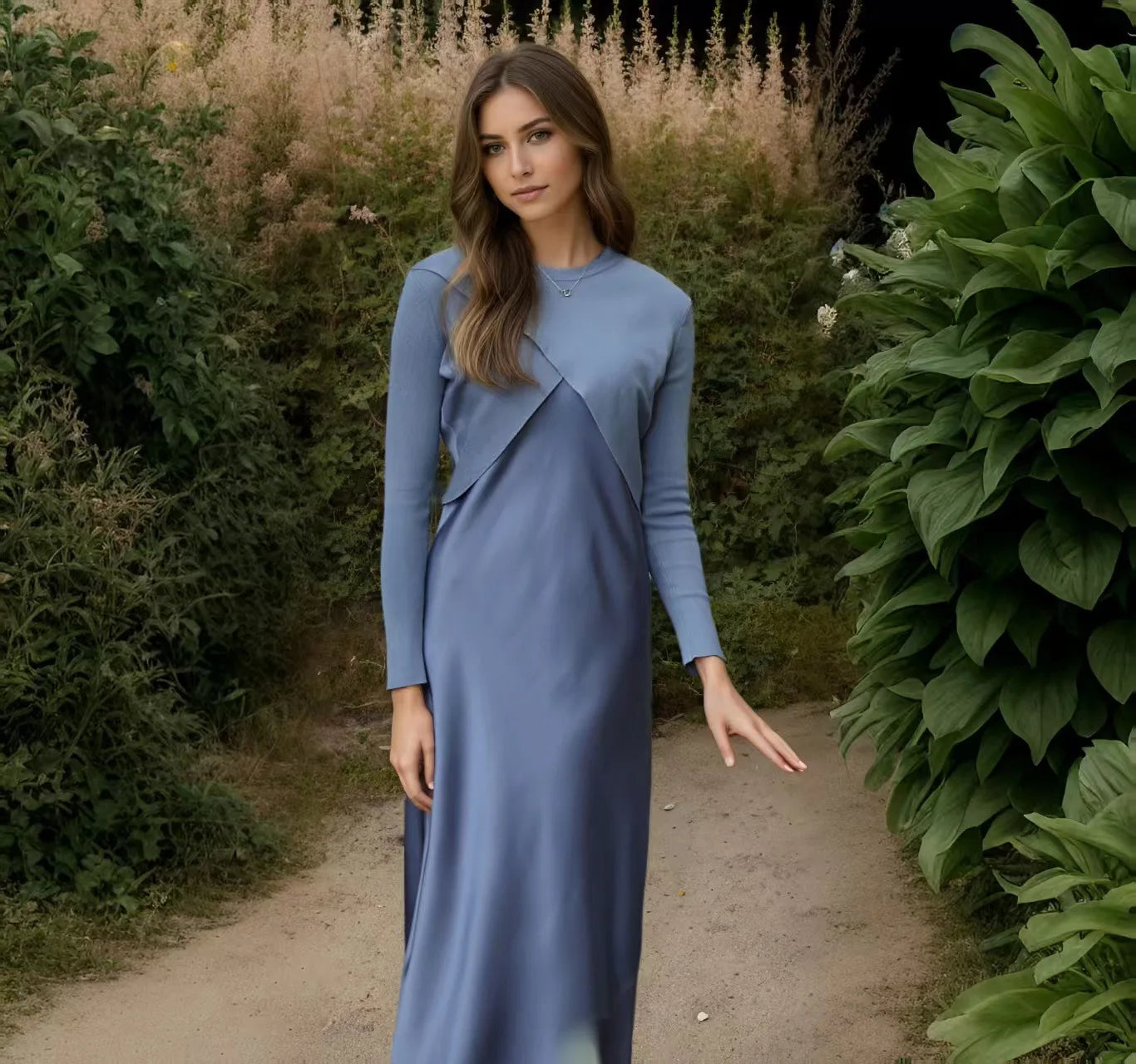 Summer Women fashion Long Dress Elegance Soft Silk Satin Vest Dress Knitted Top Match Set Maxi Length Woman Chic Dress Set