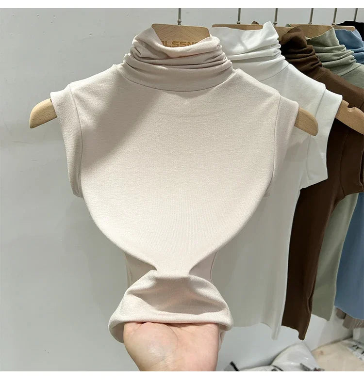 Women Summer Sexy Turtleneck Sleeveless T-Shirts Tops Solid Slim Fit Pullovers Causal Tees Shirts Female Streetwear Basics Tees