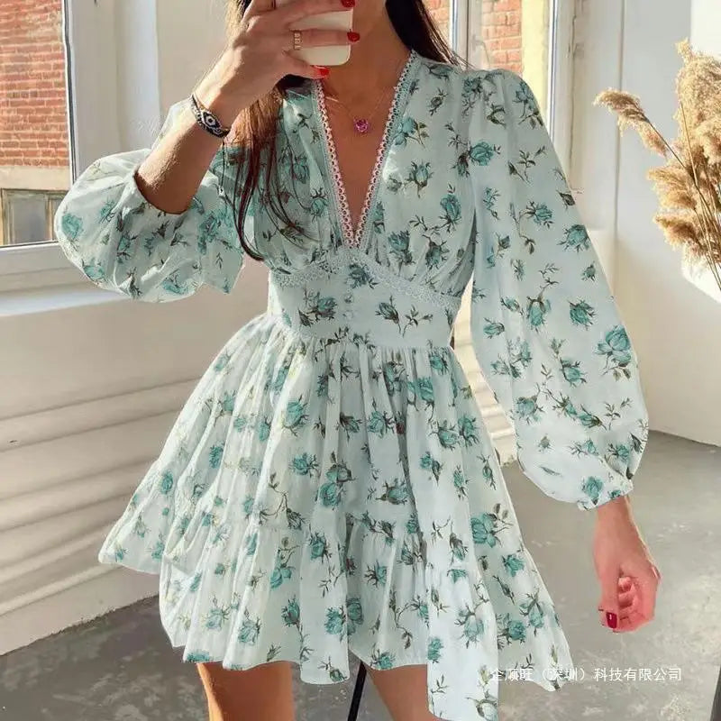 Print Women's Dress Summer Fashion Floral Lace Deep V-neck Dress For Women Casual Beach Vacation  Sundress Slim A-line Dresses