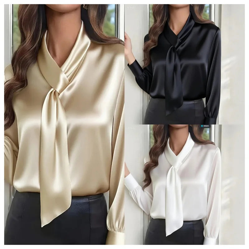 2025 Women Blouse Autumn Solid Elegant Fashionable Design with Ribbon Shirts Casual Long Sleeve Shirt Office Ladies Blusas Mujer