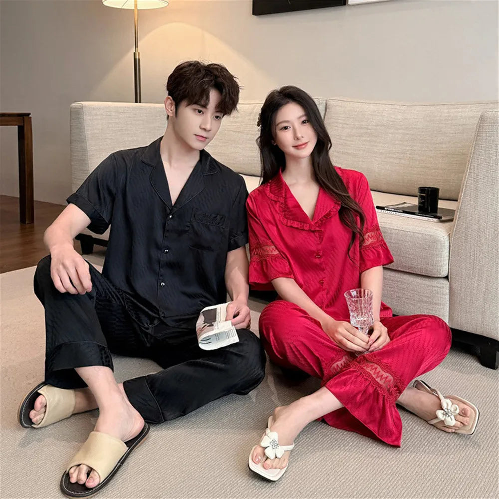 Women Men Pajamas Short Sleeved Shirt Trousers Ice Silk Sleepwear Loungewear Nightwear Homewear