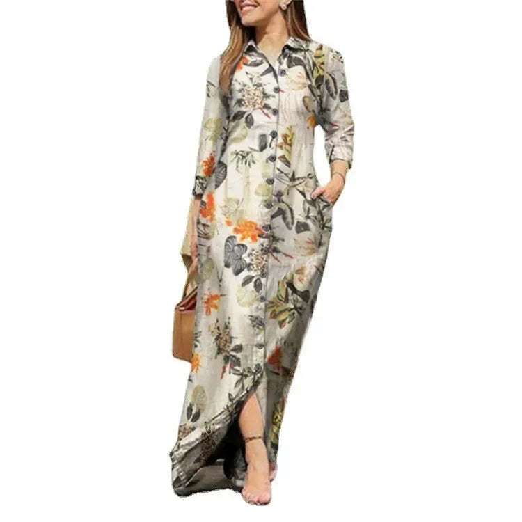 Fashion Summer Dresses 2024 New Women's Printed Elegant Robe Flip Collar Single Breasted Elegant Commuter Long Dress