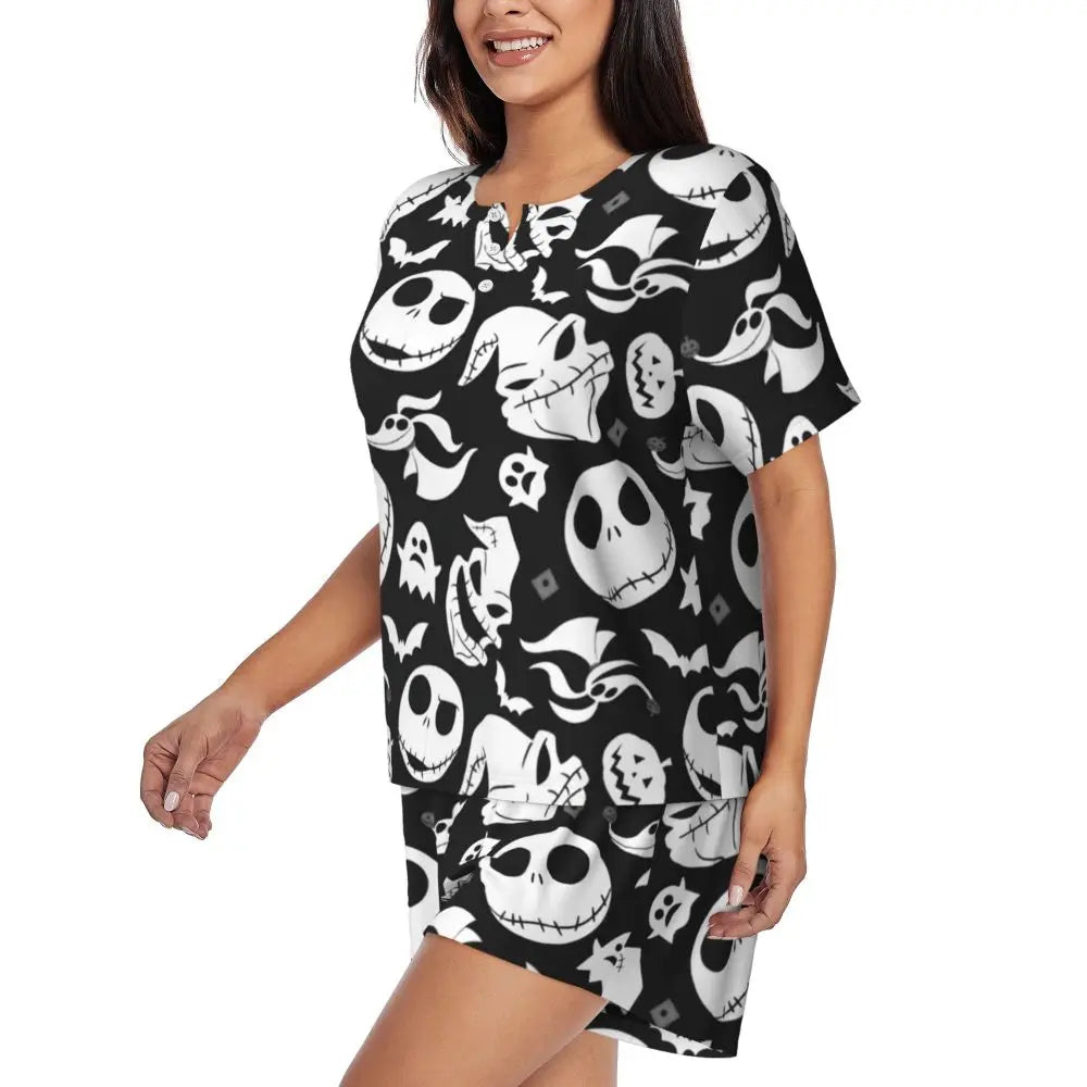 Women's Nightmare Before Christmas Jack Skellington Pajamas Set Printed 2 Piece Pjs Sets Short Sleeve Sleepwear Loungewear