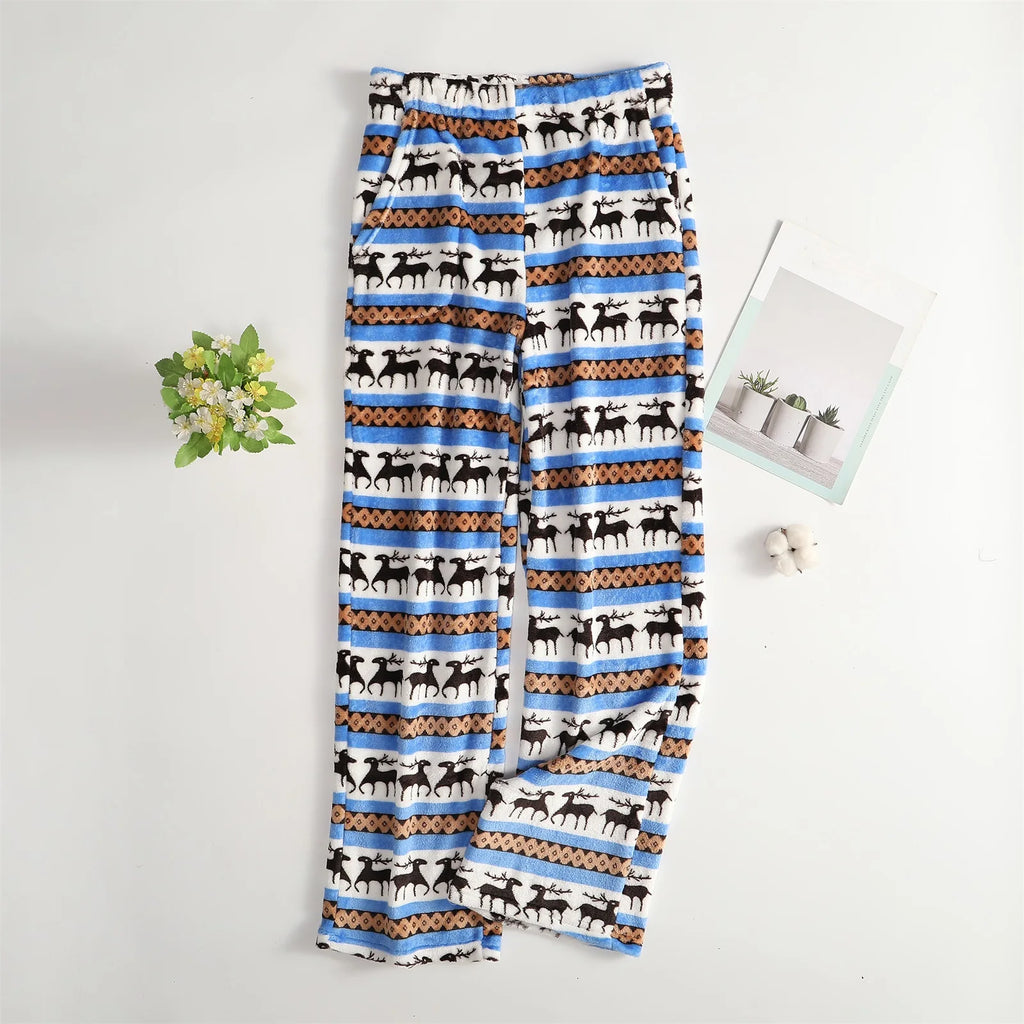 Women Christmas Printed Pajama Pants Winter Warm Soft Plush Sleep Pants Comfy Elastic Waist Home Clothes Bottoms with 2 Pockets