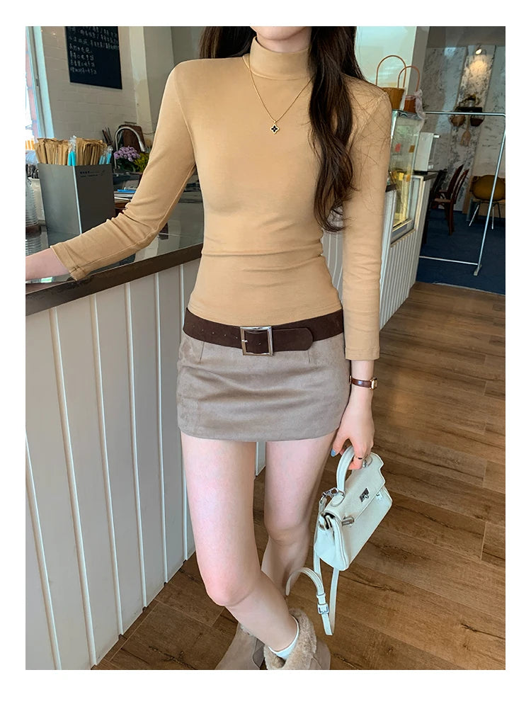 Autumn Winter Knitted Women's T-shirts 2025 New Long Sleeve Solid Half Turtleneck Korean Bottom Slim Short Tops Tee Female