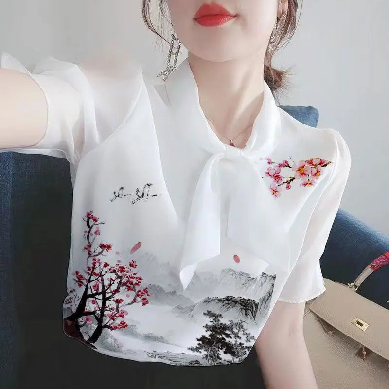 Women Clothing Summer Thin Fashion Simplicity White Printing Short Sleeve Shirts Women's Trend Casual All-match Temperament Tops