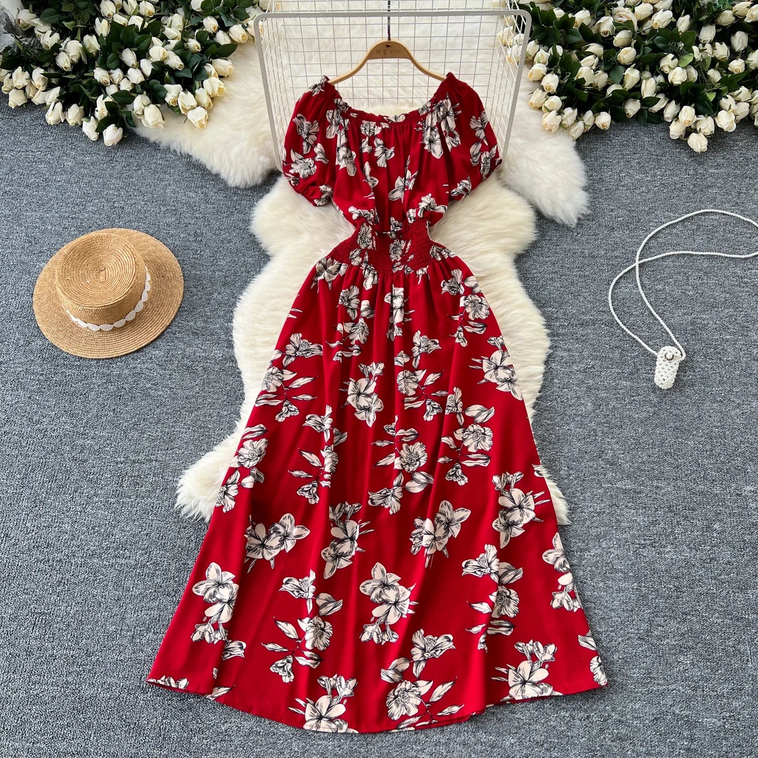 Summer Women Dress Loose Korean Style Bohemian Floral  New  Beach Off-Shoulder Print Casual Vintage Vestidos Robe Maxi Dresses