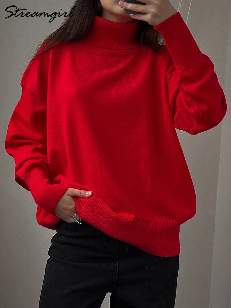 Basic Red Turtleneck Sweater Women Trends 2025 Winter Pullovers Oversize Sweater Woman Jumper Women's Turtleenck Sweaters Coffee