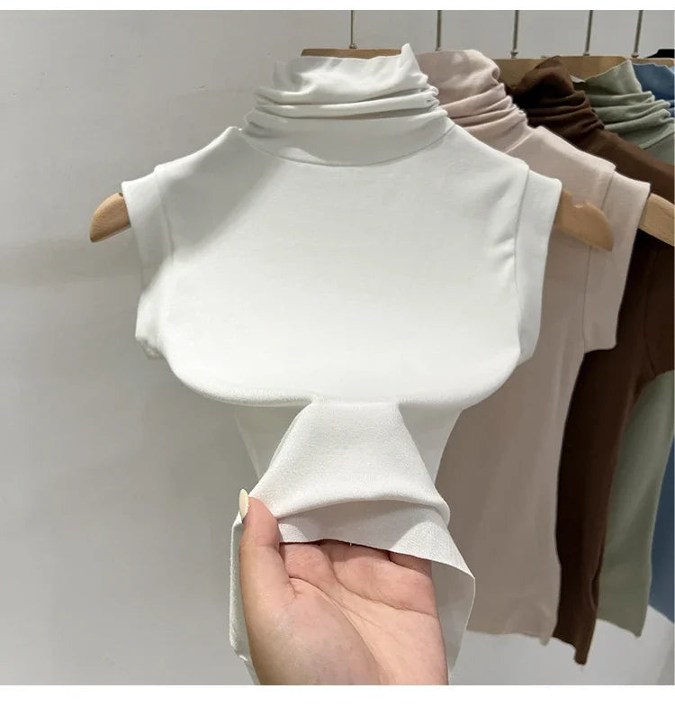 Women Summer Sexy Turtleneck Sleeveless T-Shirts Tops Solid Slim Fit Pullovers Causal Tees Shirts Female Streetwear Basics Tees