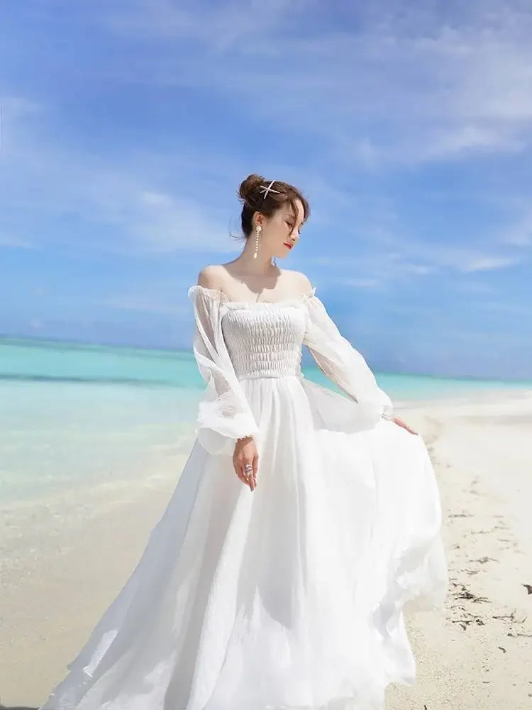 Dresses for Women Summer New Chiffon off-Shoulder Dress White Dress Vestido De Mujer