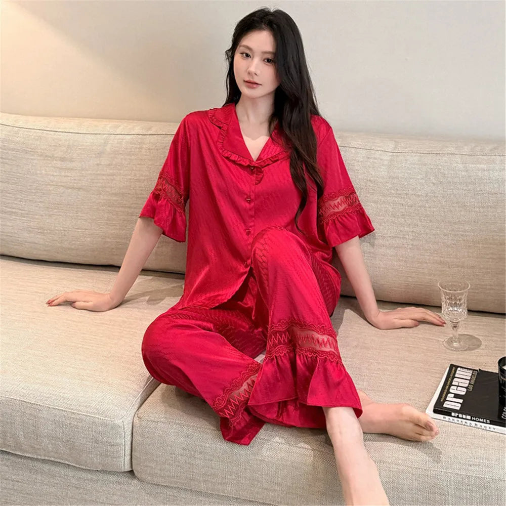 Women Men Pajamas Short Sleeved Shirt Trousers Ice Silk Sleepwear Loungewear Nightwear Homewear